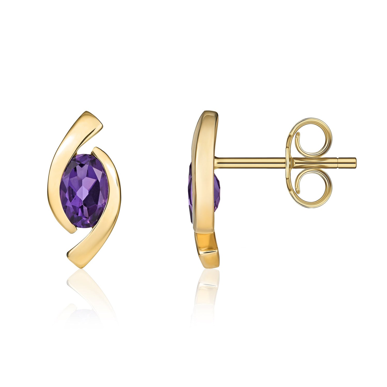 9ct Yellow Gold Oval Natural Amethyst 'Eye' Stud Earrings — 6x4mm