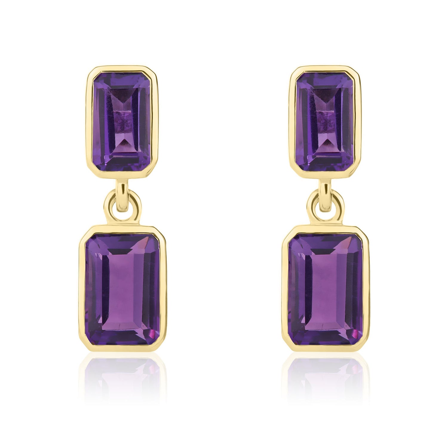9ct Yellow Gold Octagonal Emerald Cut Natural Amethyst Double Stone Rubover Drop Earrings