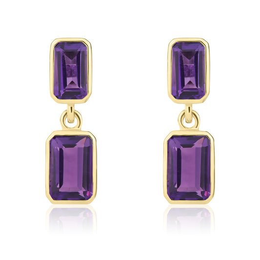 9ct Yellow Gold Octagonal Emerald Cut Natural Amethyst Double Stone Rubover Drop Earrings