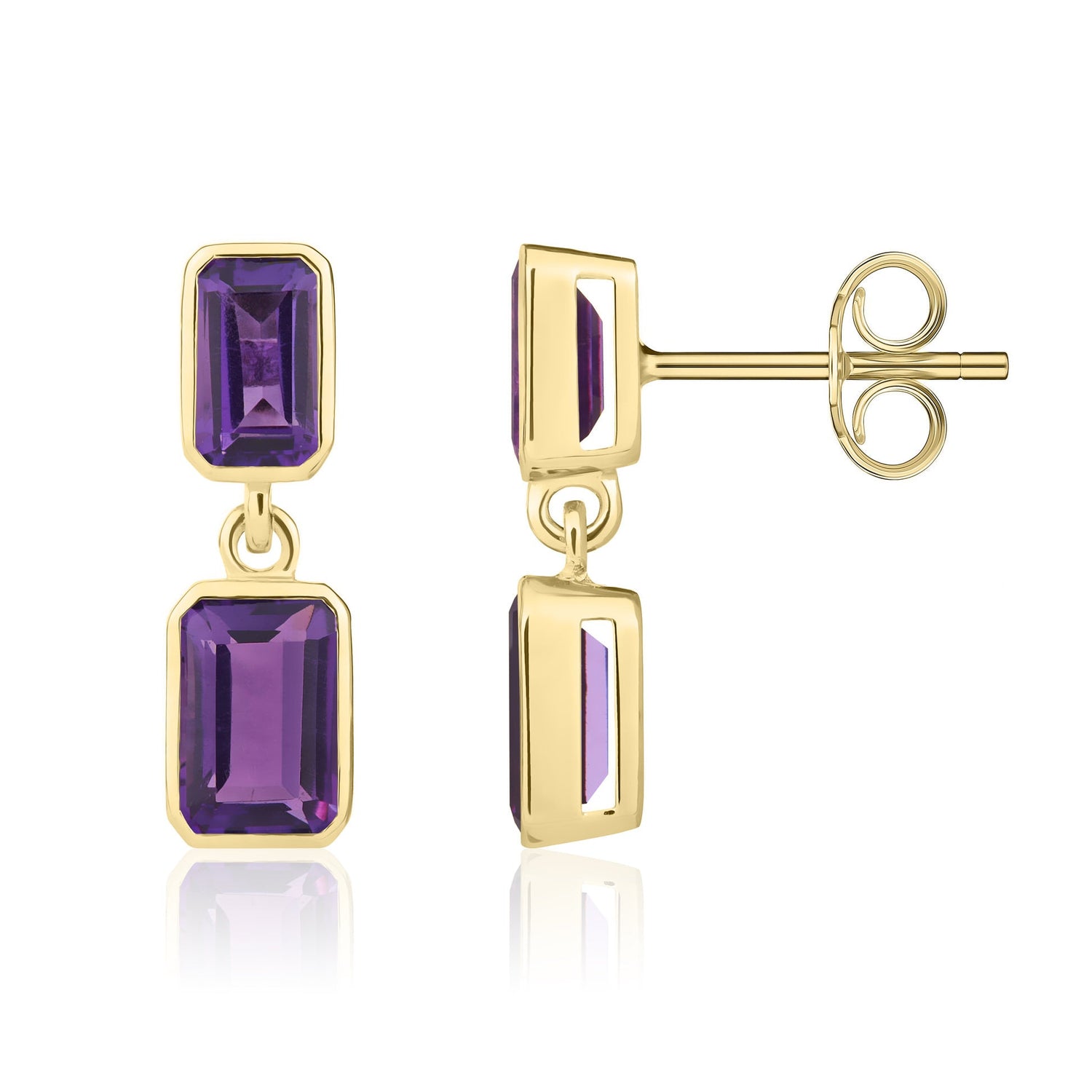 9ct Yellow Gold Octagonal Emerald Cut Natural Amethyst Double Stone Rubover Drop Earrings