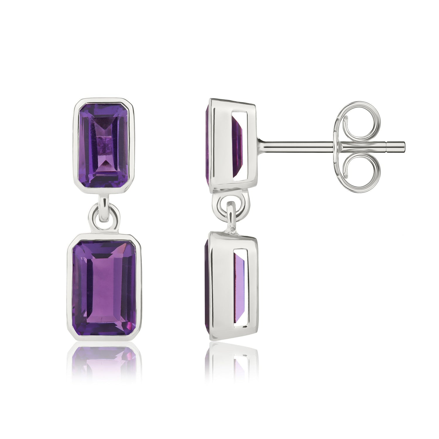 9ct White Gold Octagonal Emerald Cut Natural Amethyst Double Stone Rubover Drop Earrings