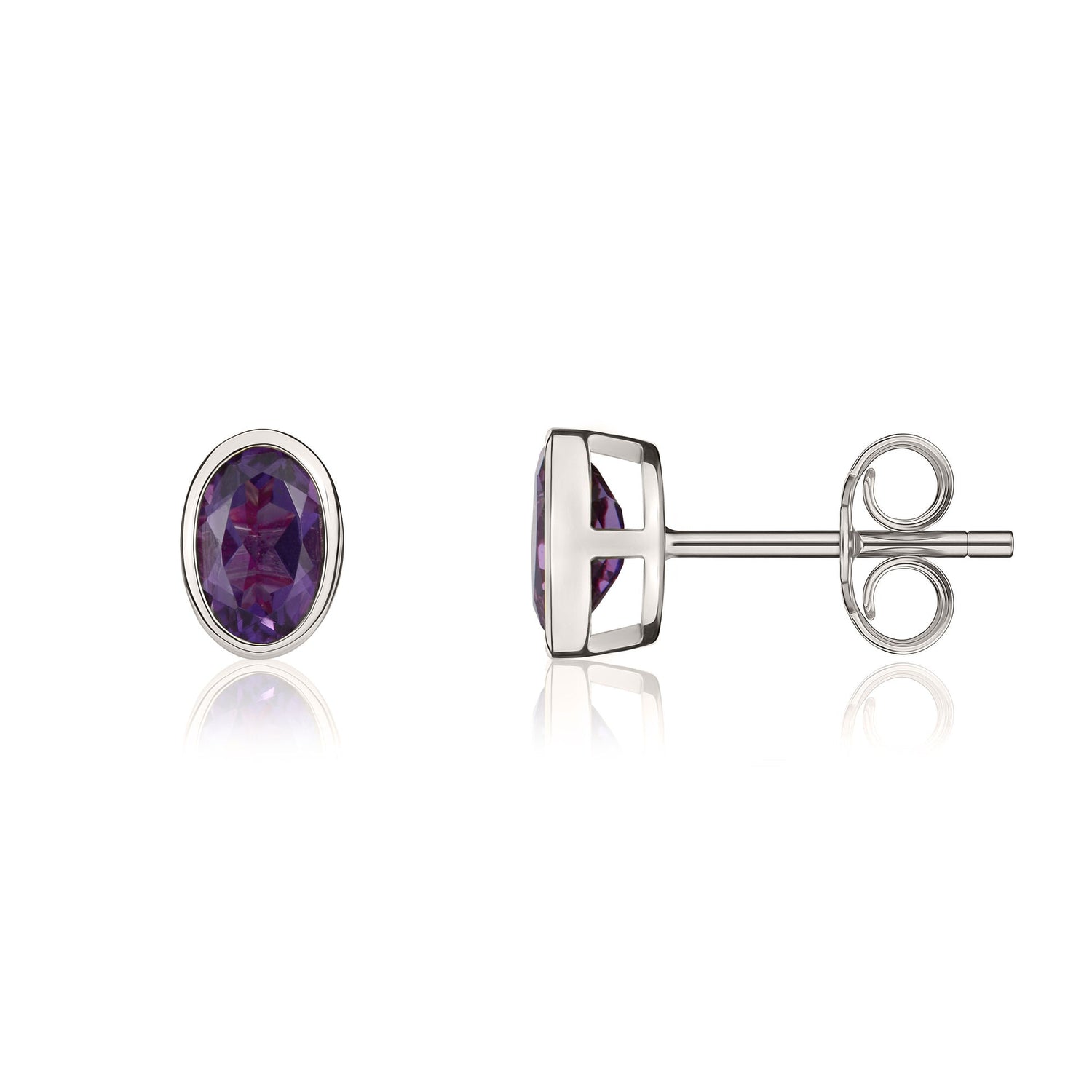 9ct White Gold Oval Natural Amethyst Rubover Stud Earrings — 6x4mm