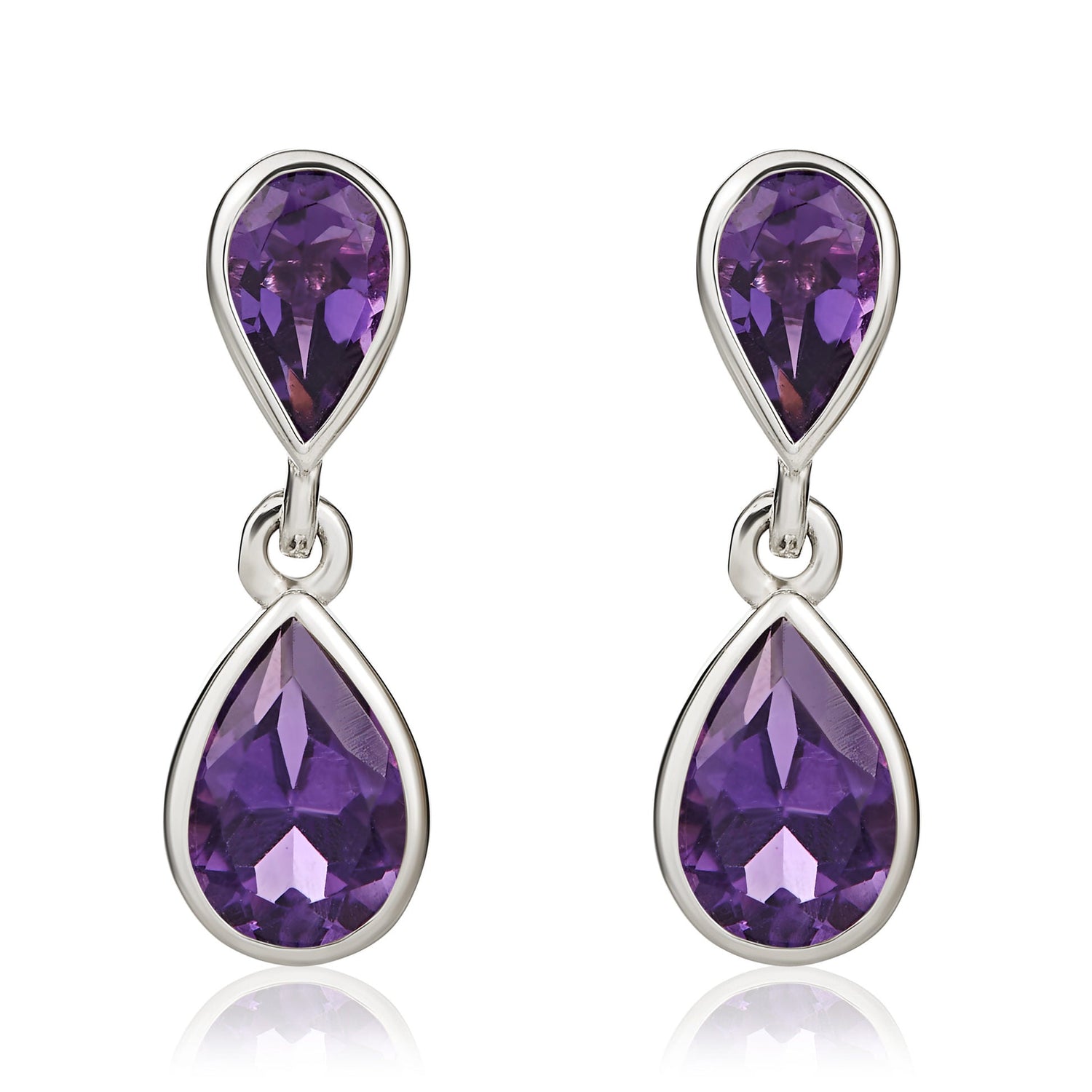 9ct White Gold Pear Shaped Natural Amethyst Two Stone Rubover Drop Earrings