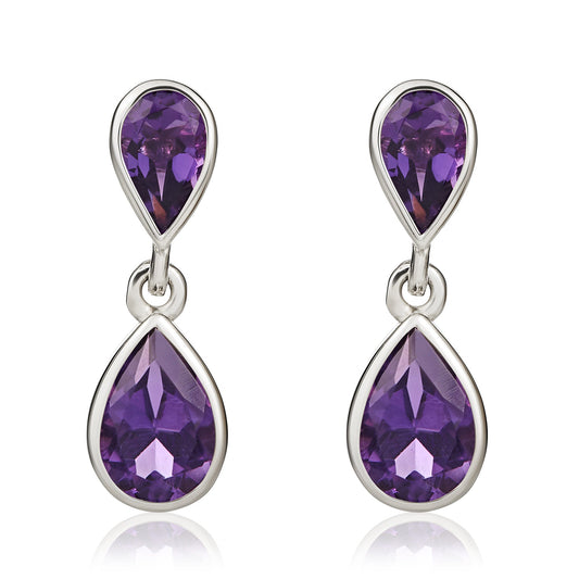 9ct White Gold Pear Shaped Natural Amethyst Two Stone Rubover Drop Earrings