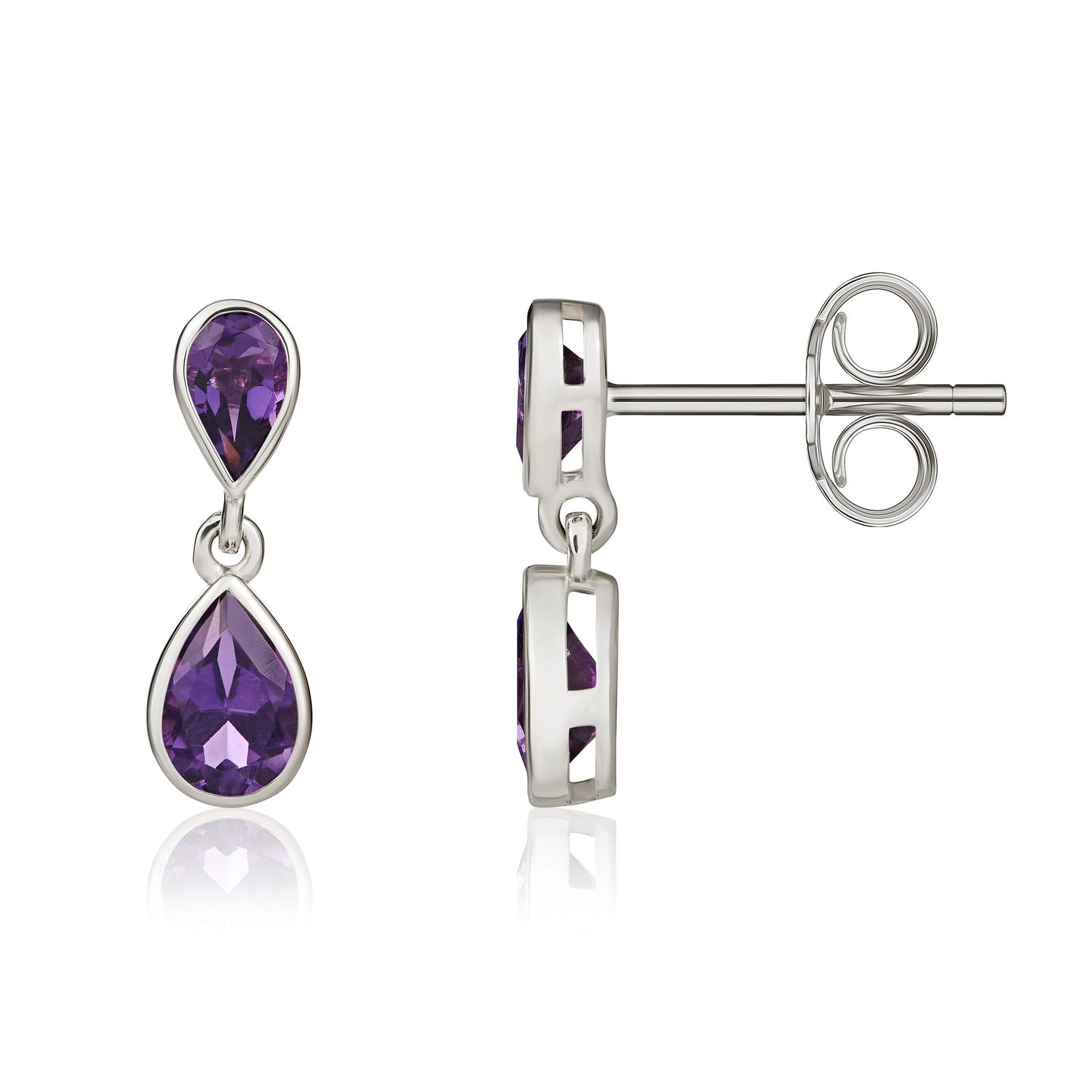 9ct White Gold Pear Shaped Natural Amethyst Two Stone Rubover Drop Earrings