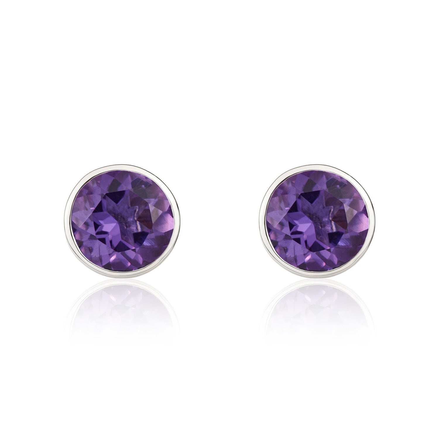 9ct White Gold Round Natural Amethyst Rubover Stud Earrings — 5mm