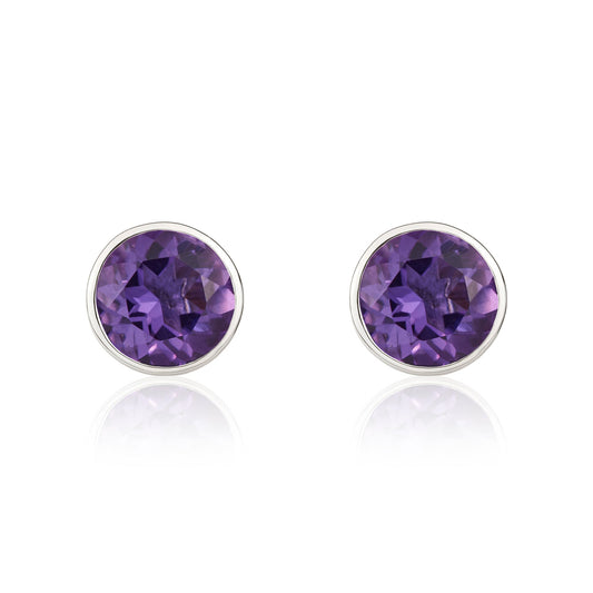 9ct White Gold Round Natural Amethyst Rubover Stud Earrings — 5mm