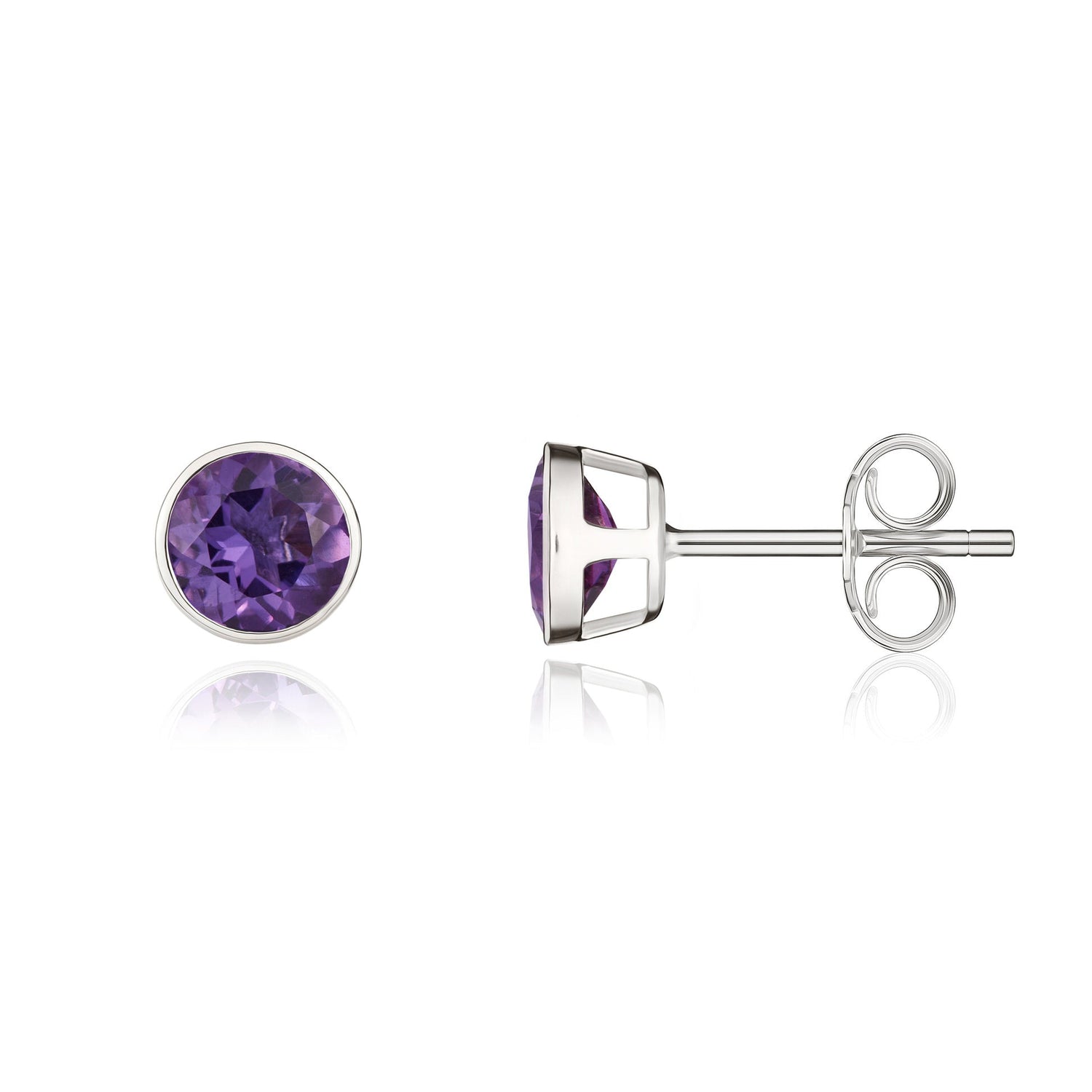 9ct White Gold Round Natural Amethyst Rubover Stud Earrings — 5mm