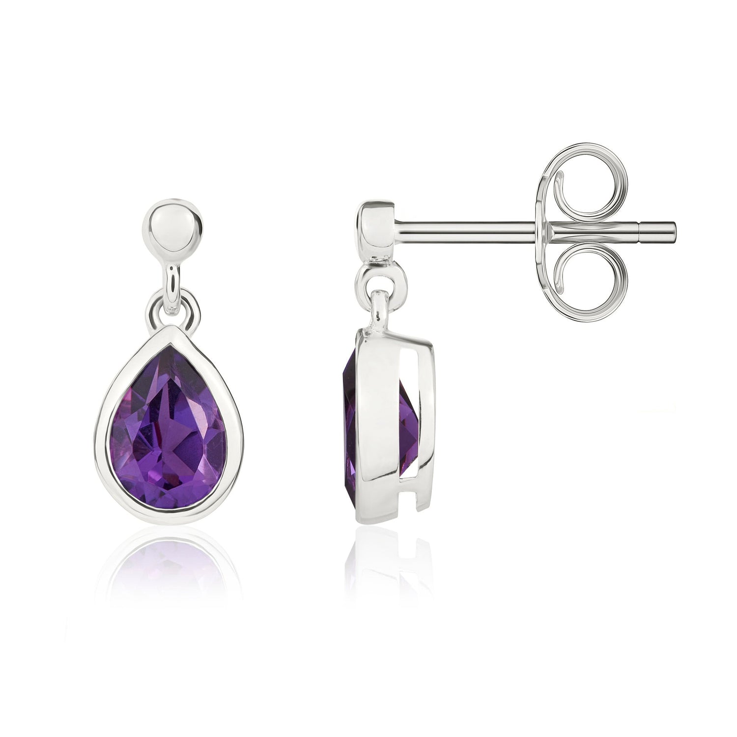 9ct White Gold Pear Shaped Natural Amethyst Drop Earrings — 6x4mm