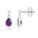 9ct White Gold Pear Shaped Natural Amethyst Rubover Drop Earrings with 2.5mm Bead Top — 6x4mm