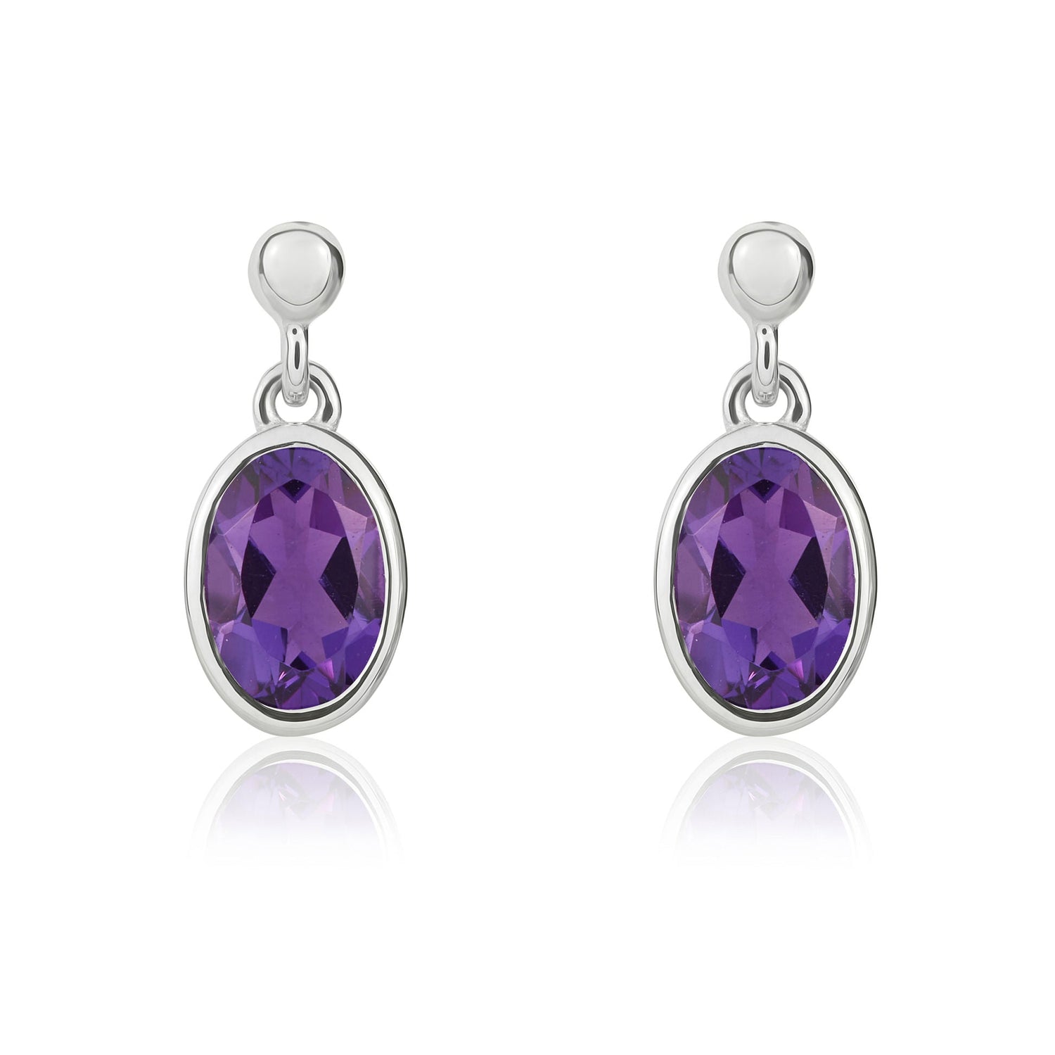 9ct White Gold Oval Natural Amethyst Rubover Drop Earrings — 6x4mm