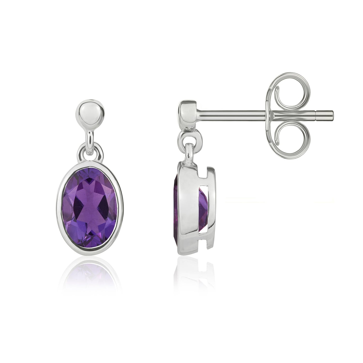 9ct White Gold Oval Natural Amethyst Rubover Drop Earrings — 6x4mm