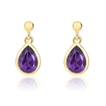 9ct Yellow Gold Pear Shaped Natural Amethyst Rubover Drop Earrings with 2.5mm Bead Top — 6x4mm