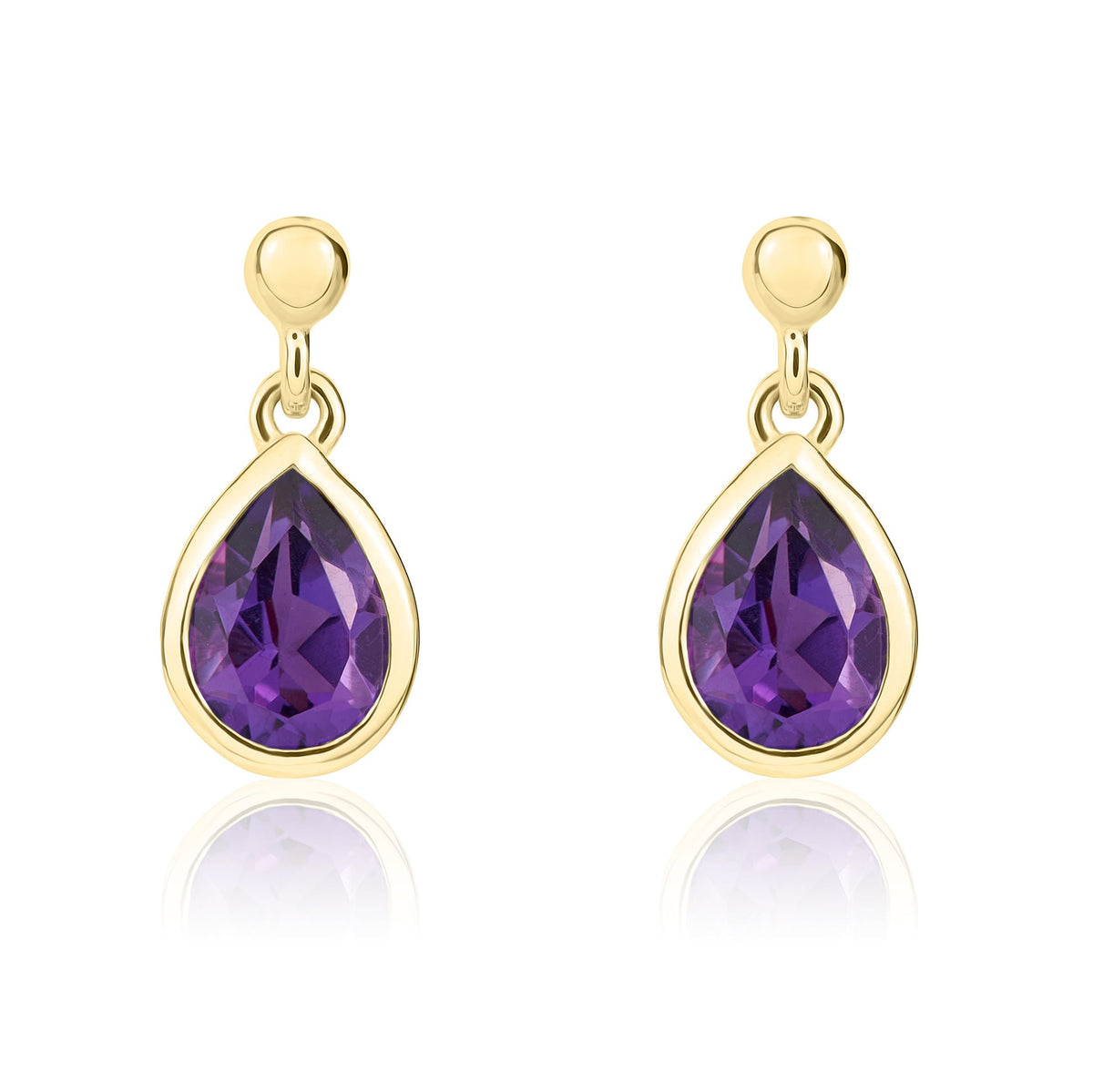 9ct Yellow Gold Pear Shaped Natural Amethyst Rubover Drop Earrings with 2.5mm Bead Top — 6x4mm