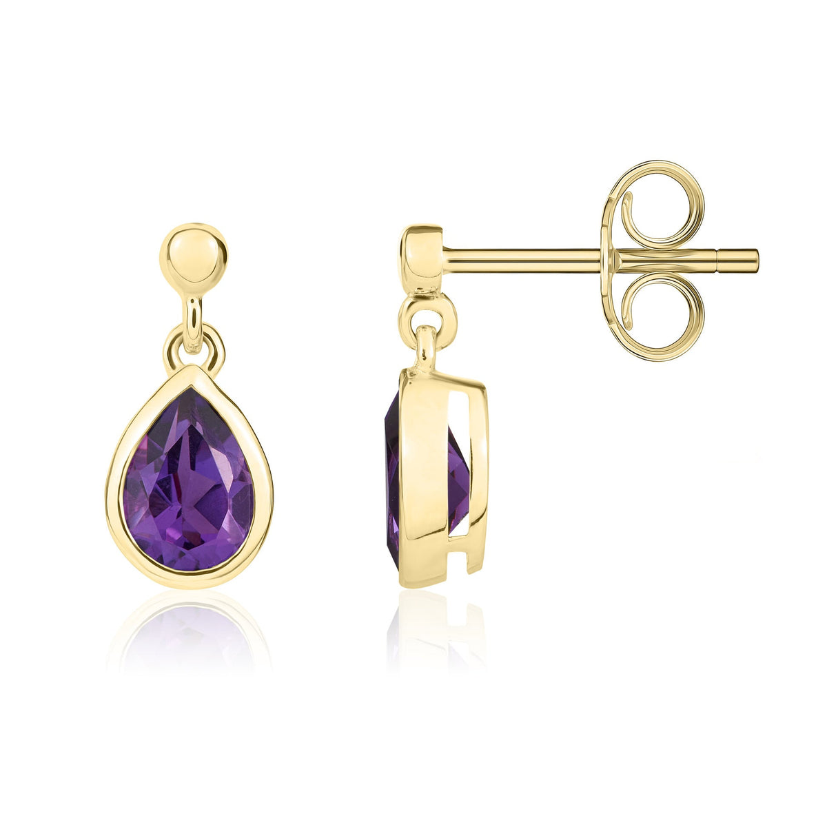 9ct Yellow Gold Pear Shaped Natural Amethyst Rubover Drop Earrings with 2.5mm Bead Top — 6x4mm