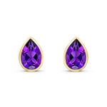 9ct Yellow Gold Pear Shaped Natural Amethyst Rubover Stud Earrings — 9x6mm