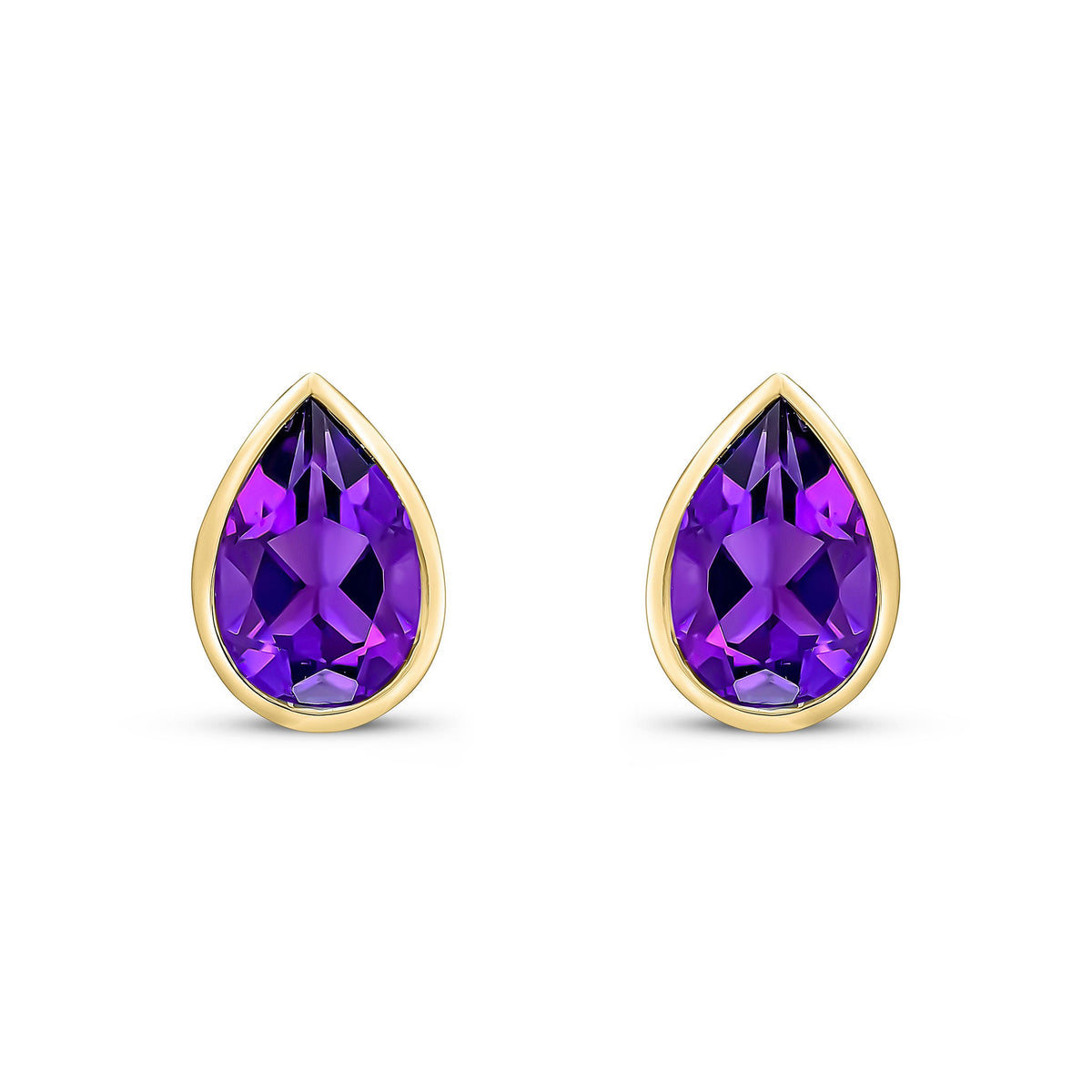 9ct Yellow Gold Pear Shaped Natural Amethyst Rubover Stud Earrings — 9x6mm