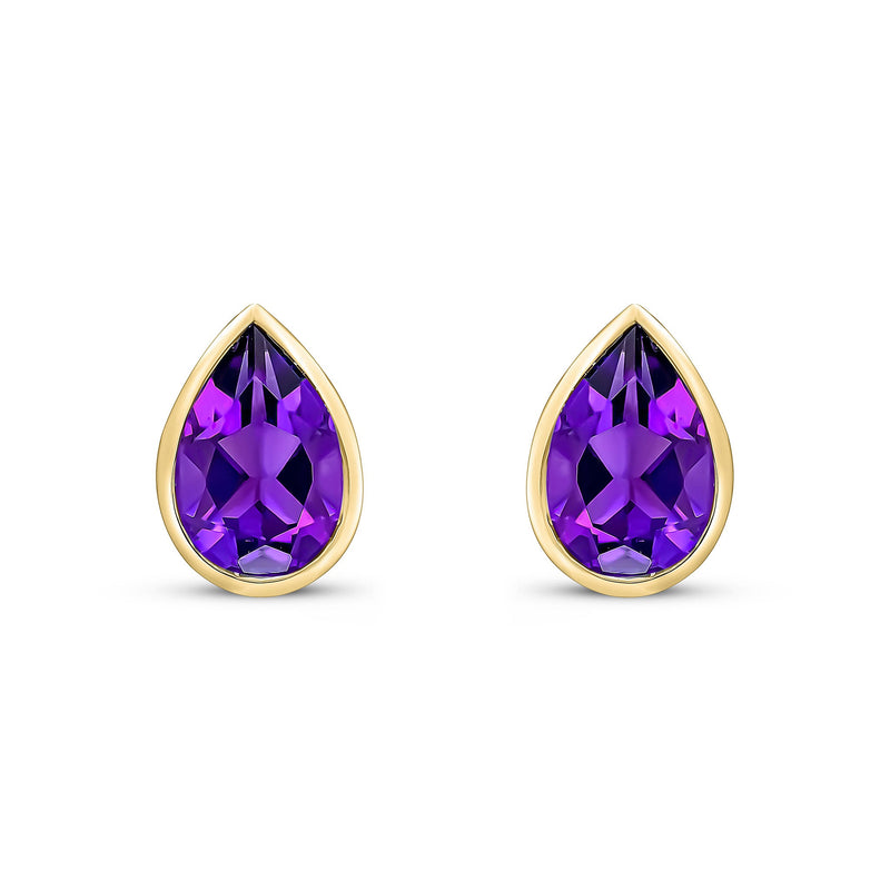 9ct Yellow Gold Pear Shaped Natural Amethyst Rubover Stud Earrings — 9x6mm