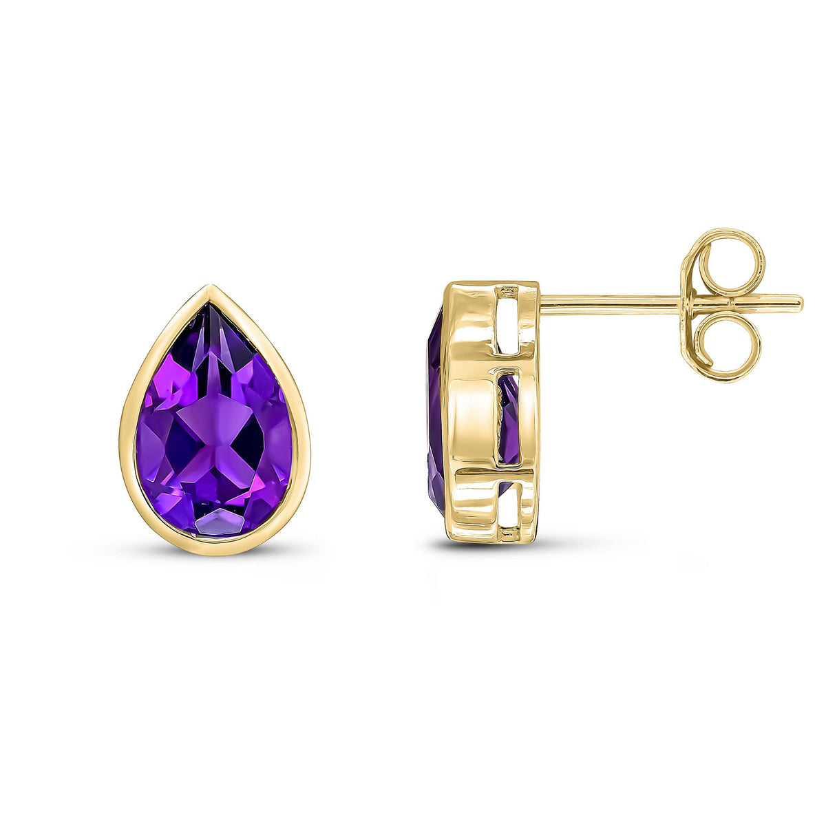9ct Yellow Gold Pear Shaped Natural Amethyst Rubover Stud Earrings — 9x6mm