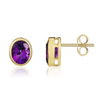 9ct Yellow Gold Oval Natural Amethyst Rubover Stud Earrings — 9x7mm
