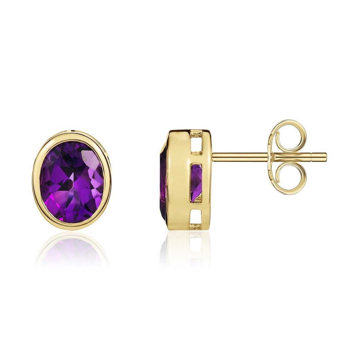 9ct Yellow Gold Oval Natural Amethyst Rubover Stud Earrings — 9x7mm