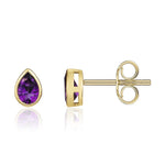 9ct Yellow Gold Pear Shaped Natural Amethyst Rubover Stud Earrings — 6x4mm
