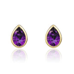 9ct Yellow Gold Pear Shaped Natural Amethyst Rubover Stud Earrings — 6x4mm