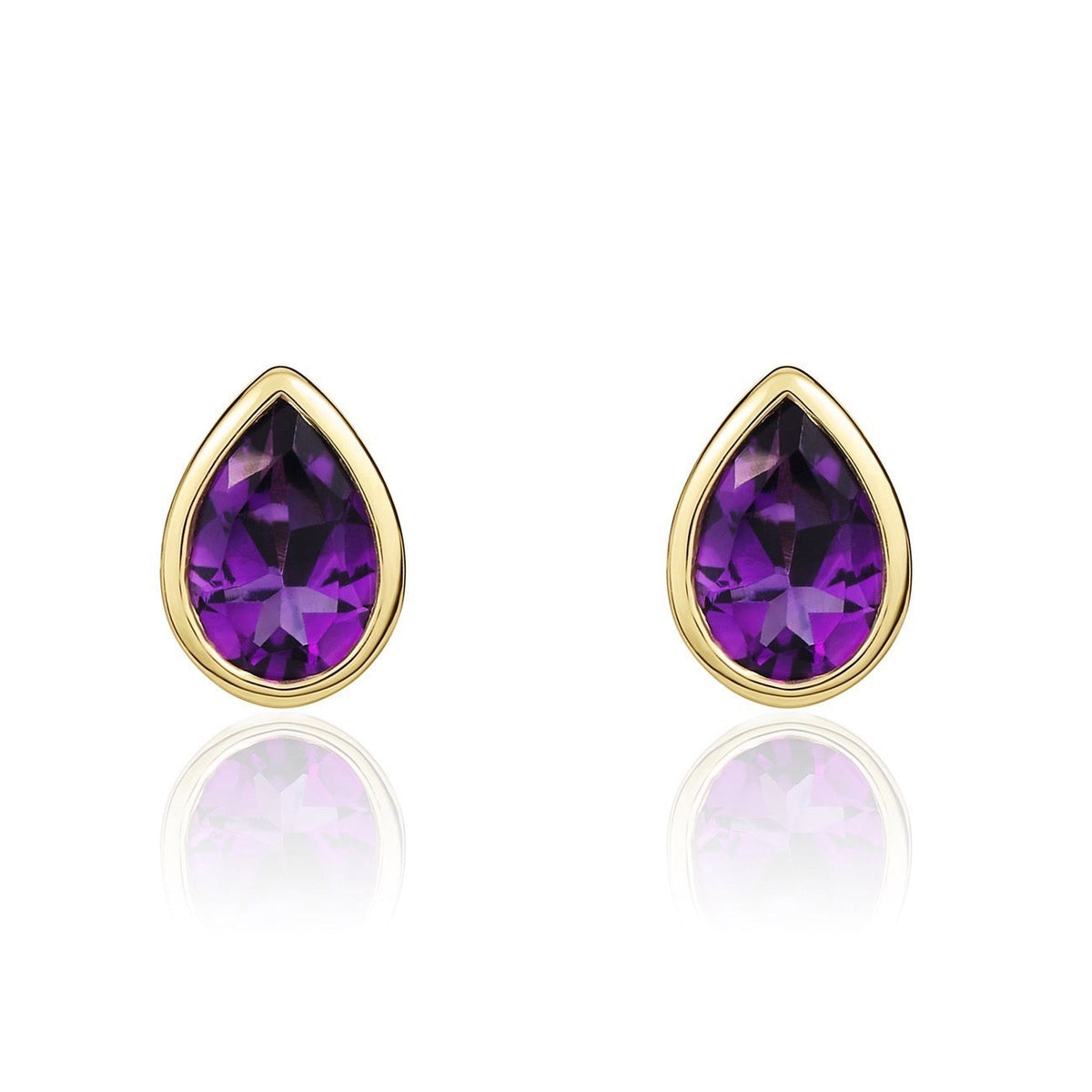 9ct Yellow Gold Pear Shaped Natural Amethyst Rubover Stud Earrings — 6x4mm