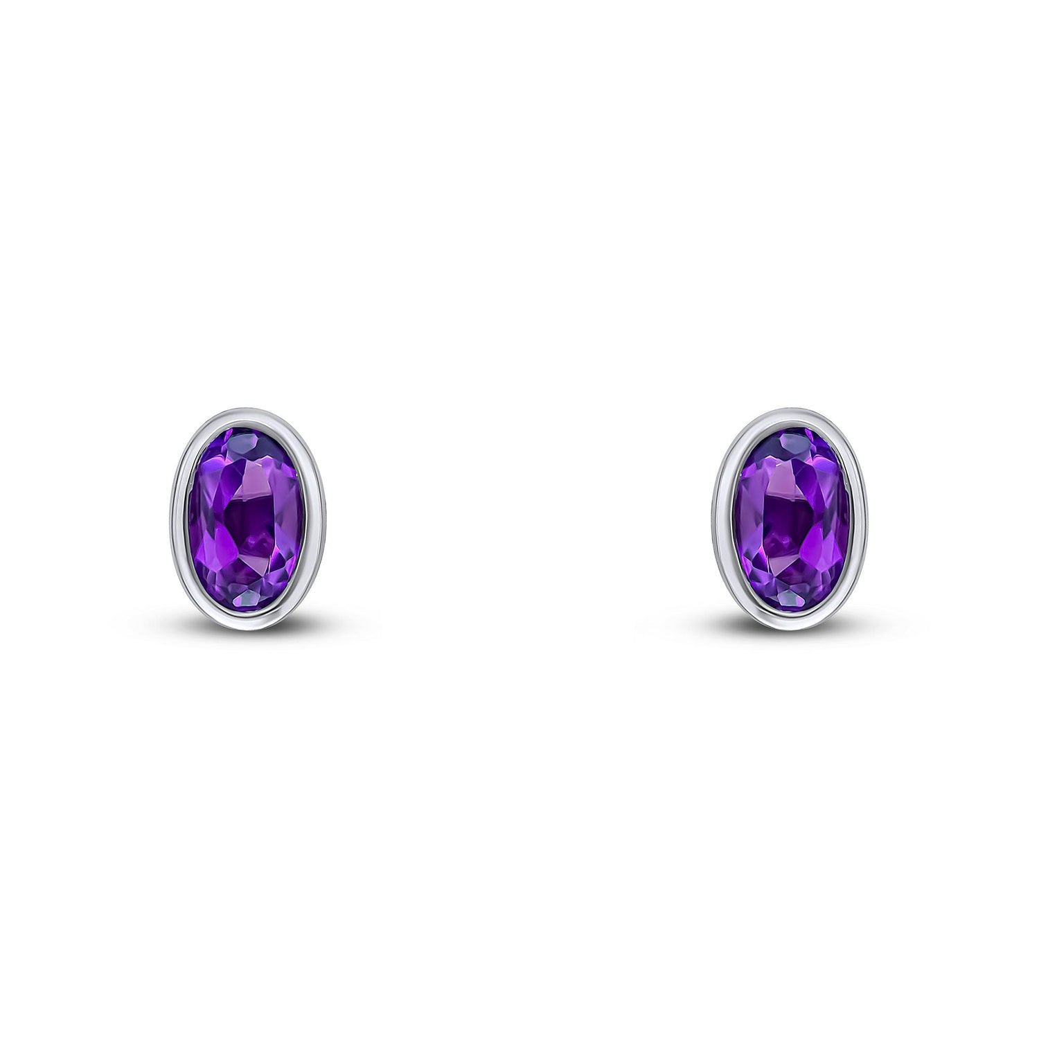 9ct White Gold Oval Natural Amethyst Rubover Stud Earrings — 5x3mm