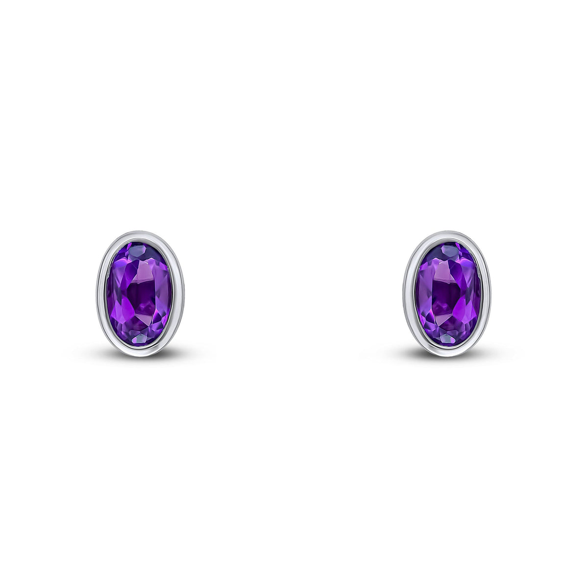 9ct White Gold Oval Natural Amethyst Rubover Stud Earrings — 5x3mm