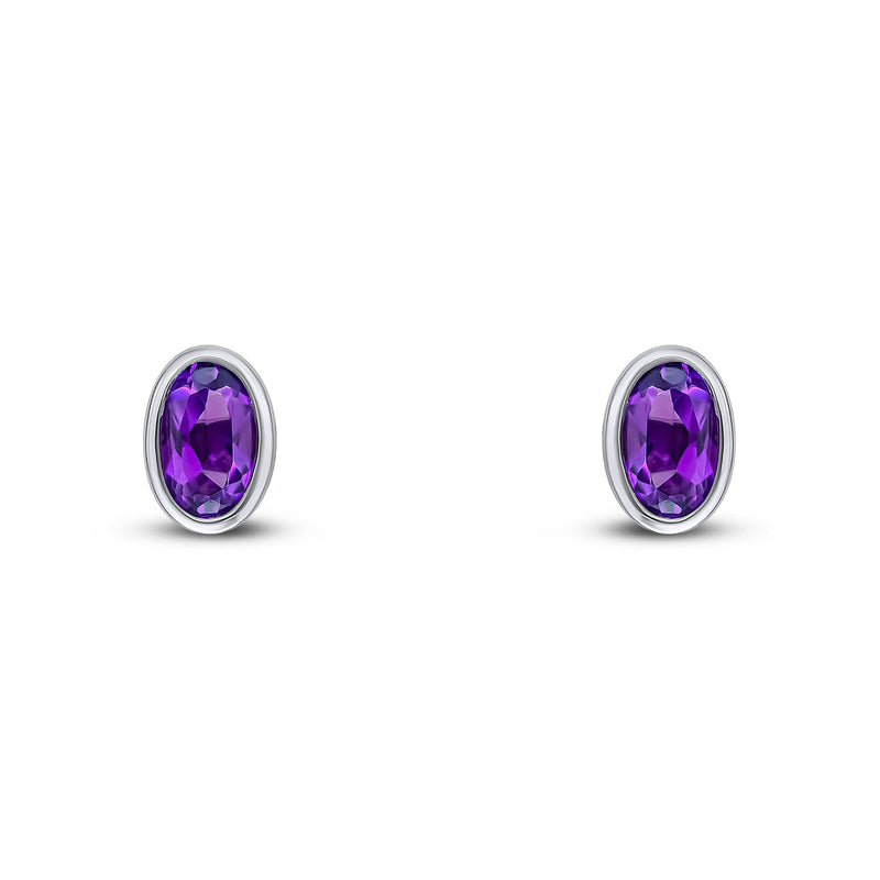 9ct White Gold Oval Natural Amethyst Rubover Stud Earrings — 5x3mm