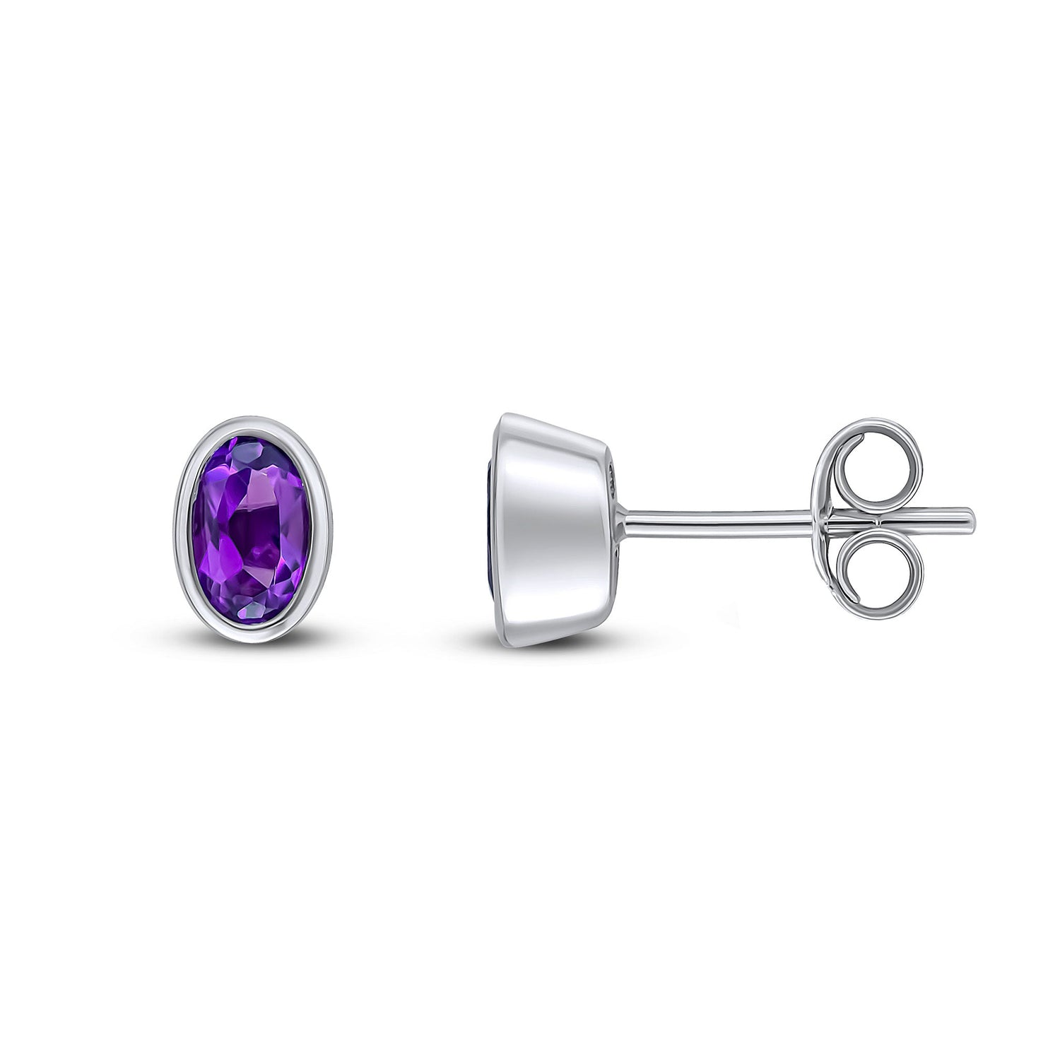9ct White Gold Oval Natural Amethyst Rubover Stud Earrings — 5x3mm