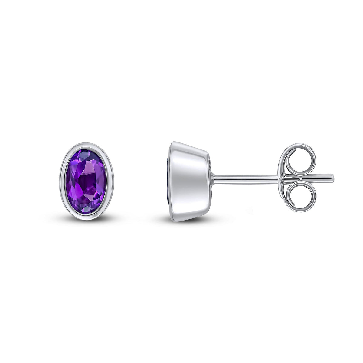 9ct White Gold Oval Natural Amethyst Rubover Stud Earrings — 5x3mm