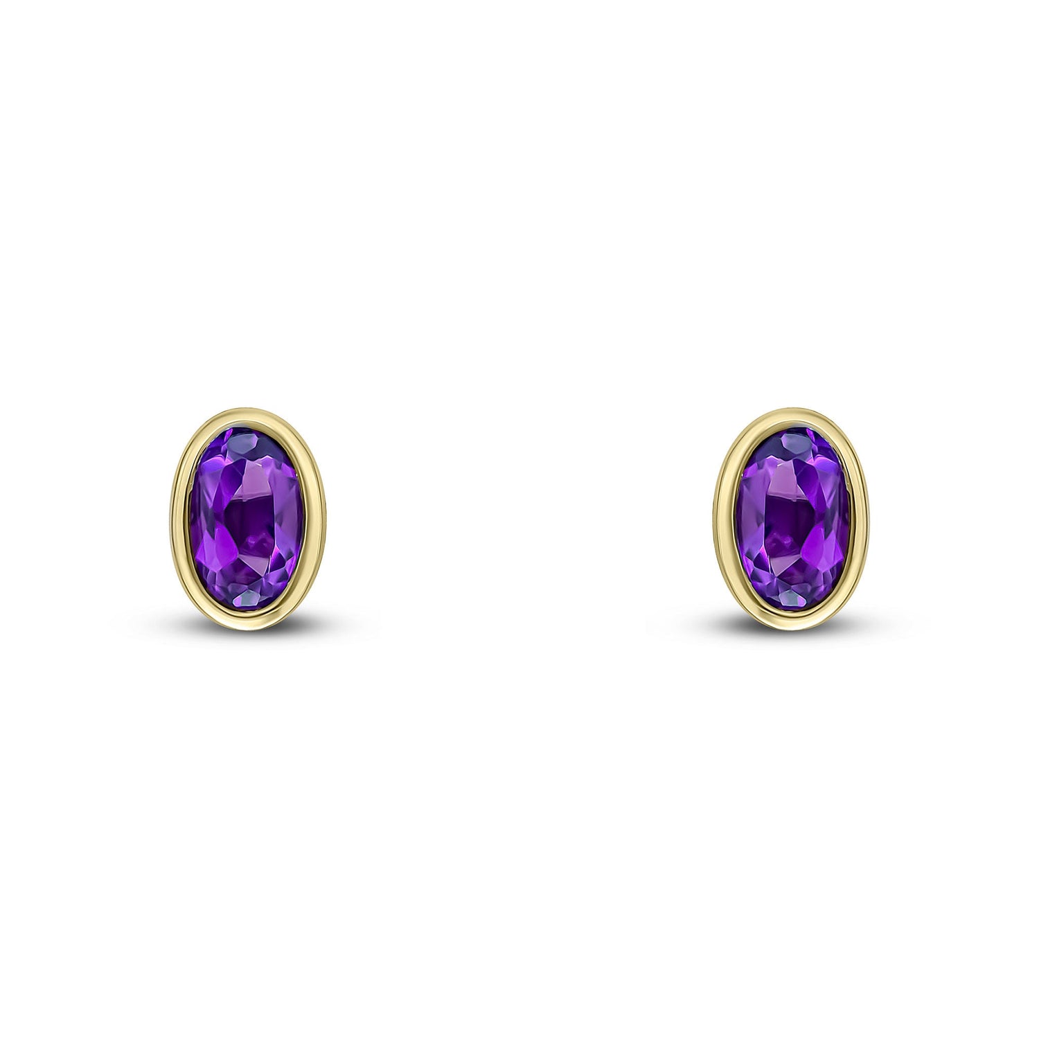 9ct Yellow Gold Oval Natural Amethyst Rubover Stud Earrings — 5x3mm