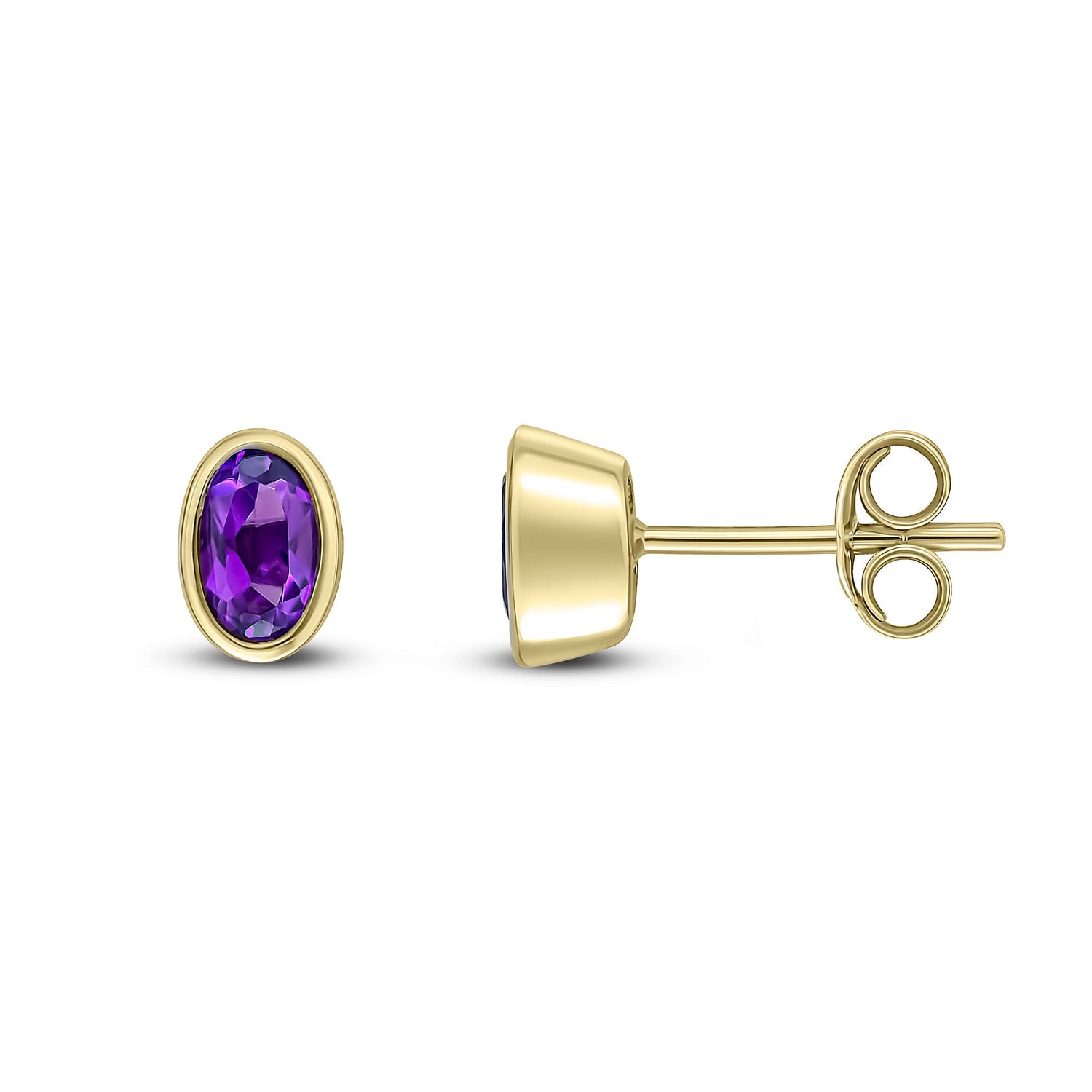9ct Yellow Gold Oval Natural Amethyst Rubover Stud Earrings — 5x3mm