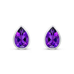 9ct White Gold Pear Shaped Natural Amethyst Rubover Stud Earrings — 9x6mm