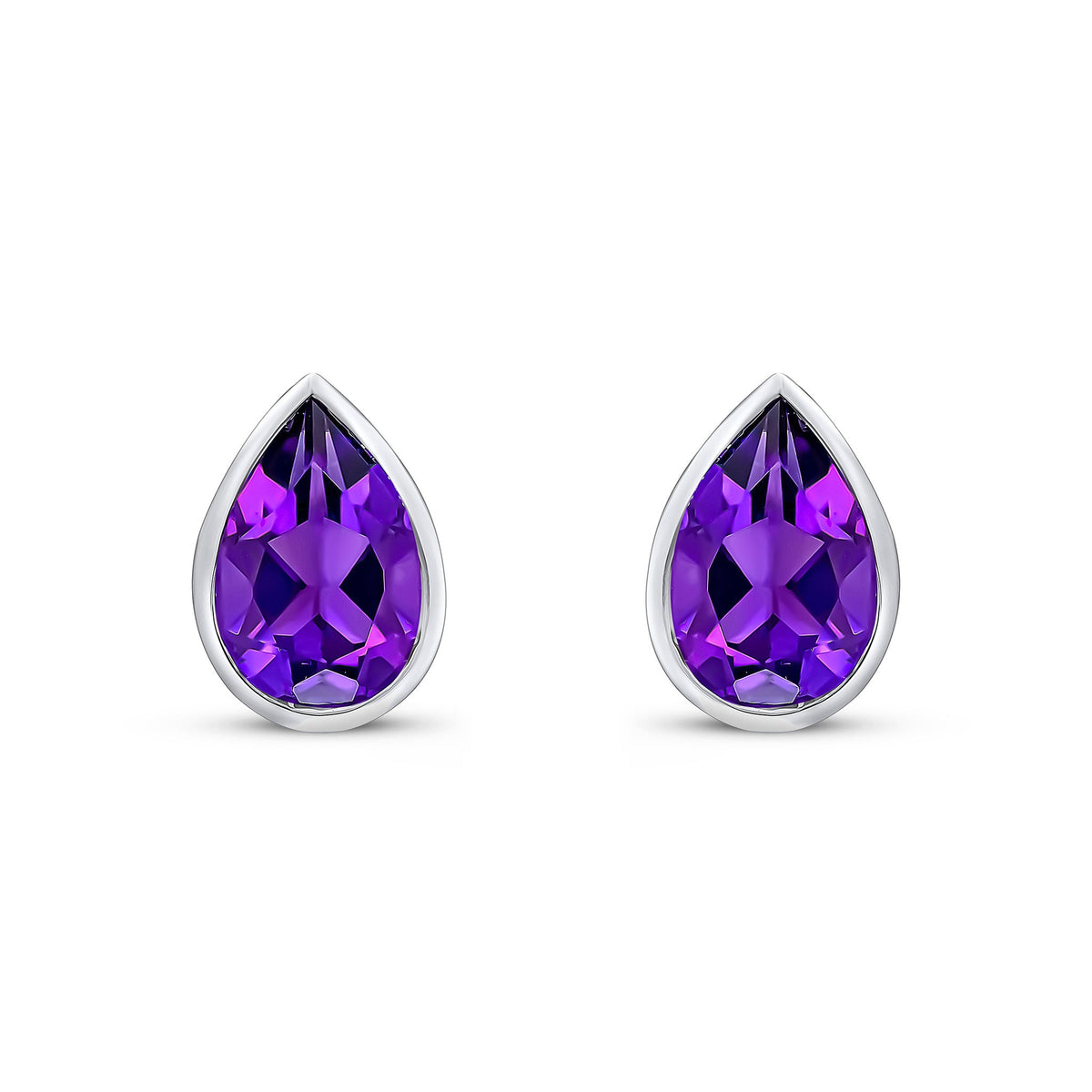 9ct White Gold Pear Shaped Natural Amethyst Rubover Stud Earrings — 9x6mm