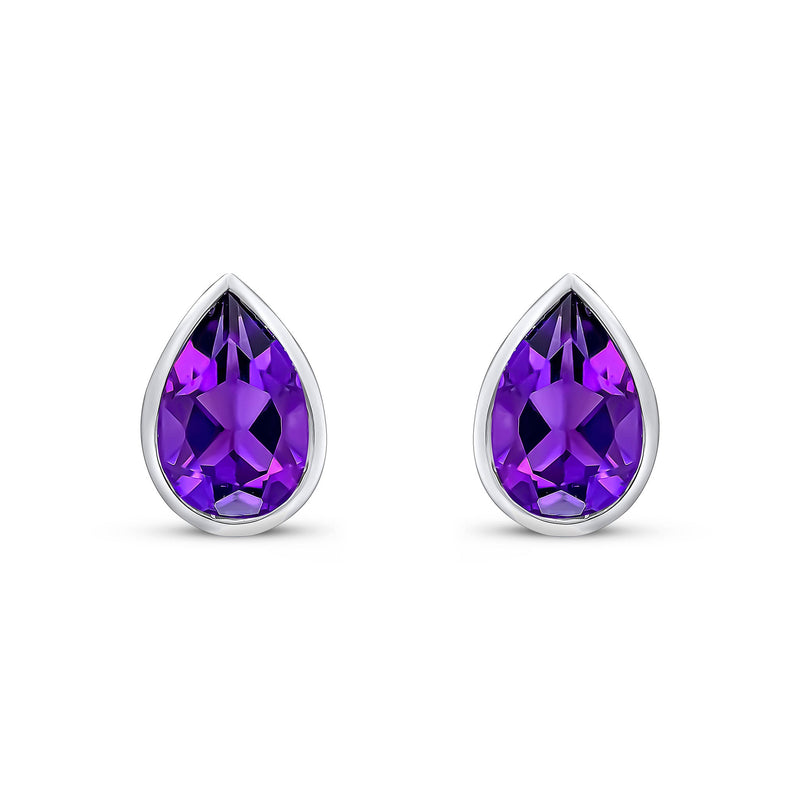 9ct White Gold Pear Shaped Natural Amethyst Rubover Stud Earrings — 9x6mm