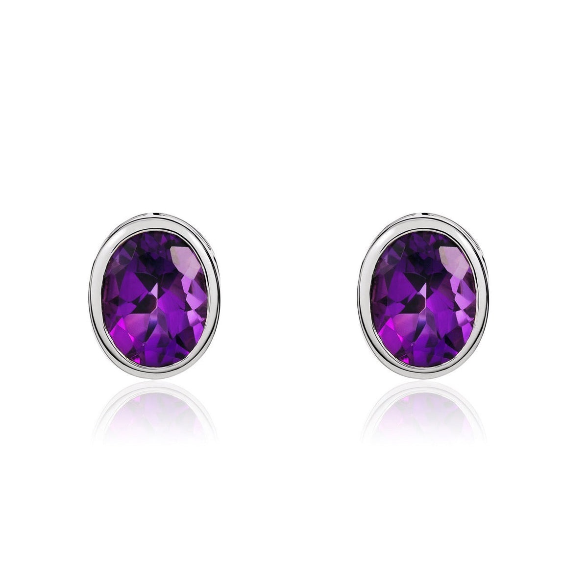 9ct White Gold Oval Natural Amethyst Rubover Stud Earrings — 9x7mm