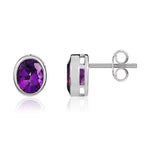 9ct White Gold Oval Natural Amethyst Rubover Stud Earrings — 9x7mm