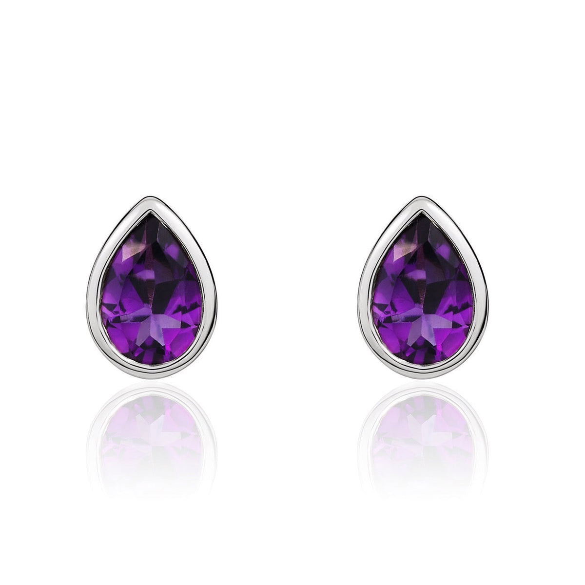 9ct White Gold Pear Shaped Natural Amethyst Rubover Stud Earrings — 6x4mm