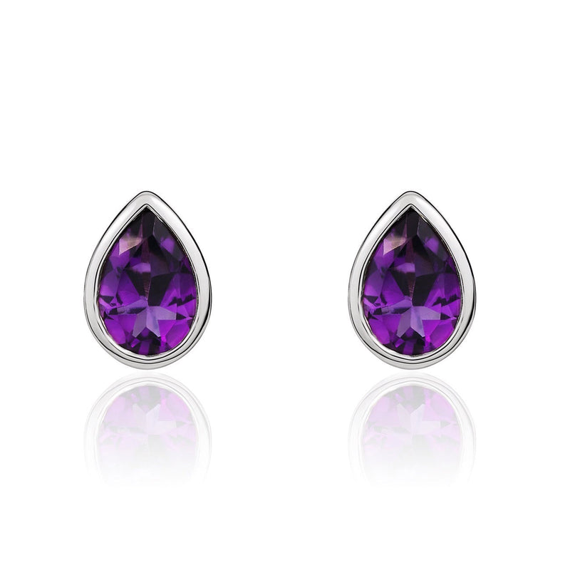9ct White Gold Pear Shaped Natural Amethyst Rubover Stud Earrings — 6x4mm