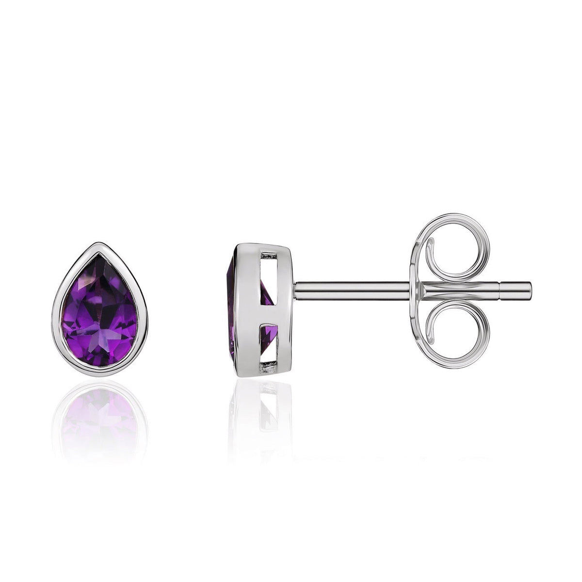 9ct White Gold Pear Shaped Natural Amethyst Rubover Stud Earrings — 6x4mm