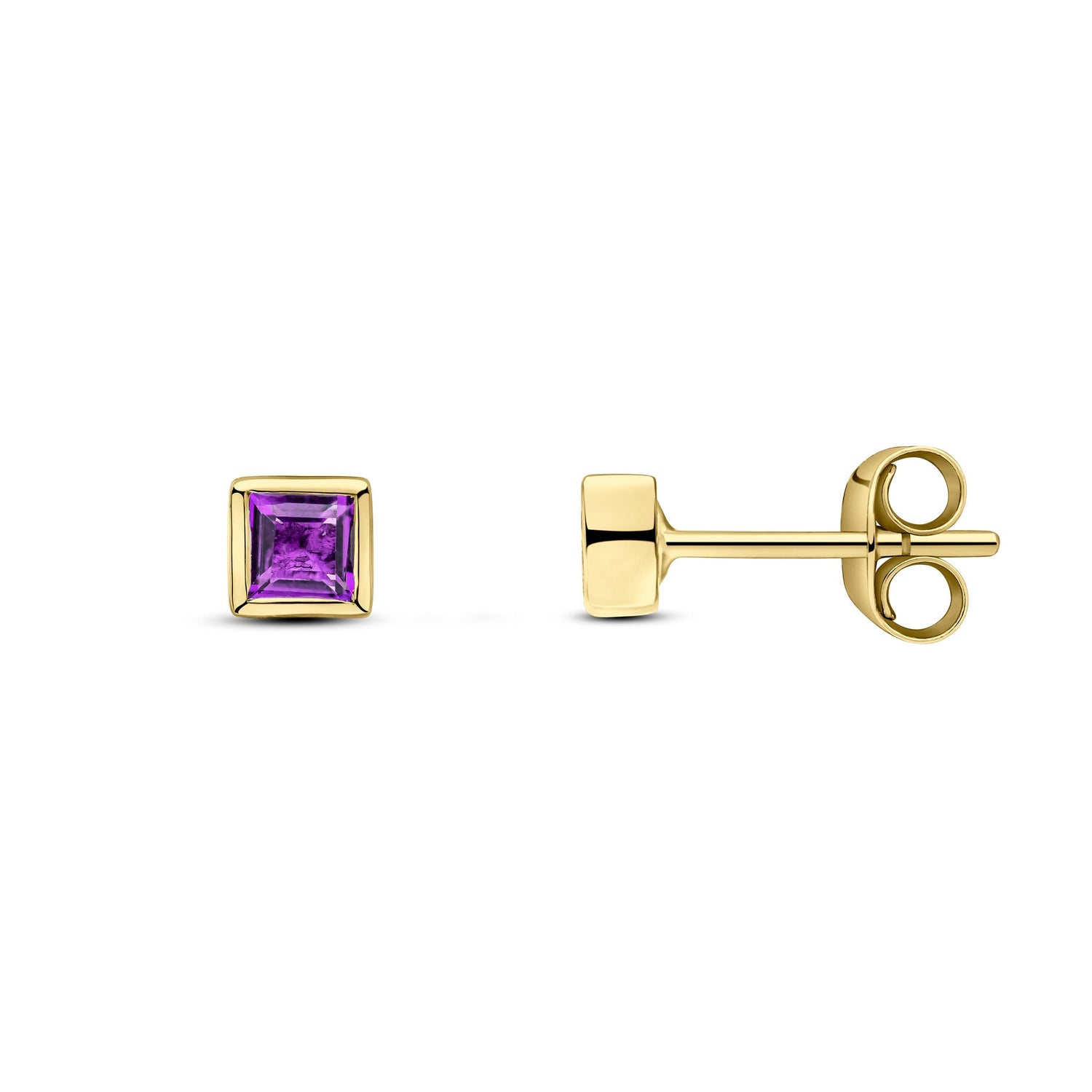 9ct Yellow Gold Square Natural Amethyst Rubover Stud Earrings — 3mm