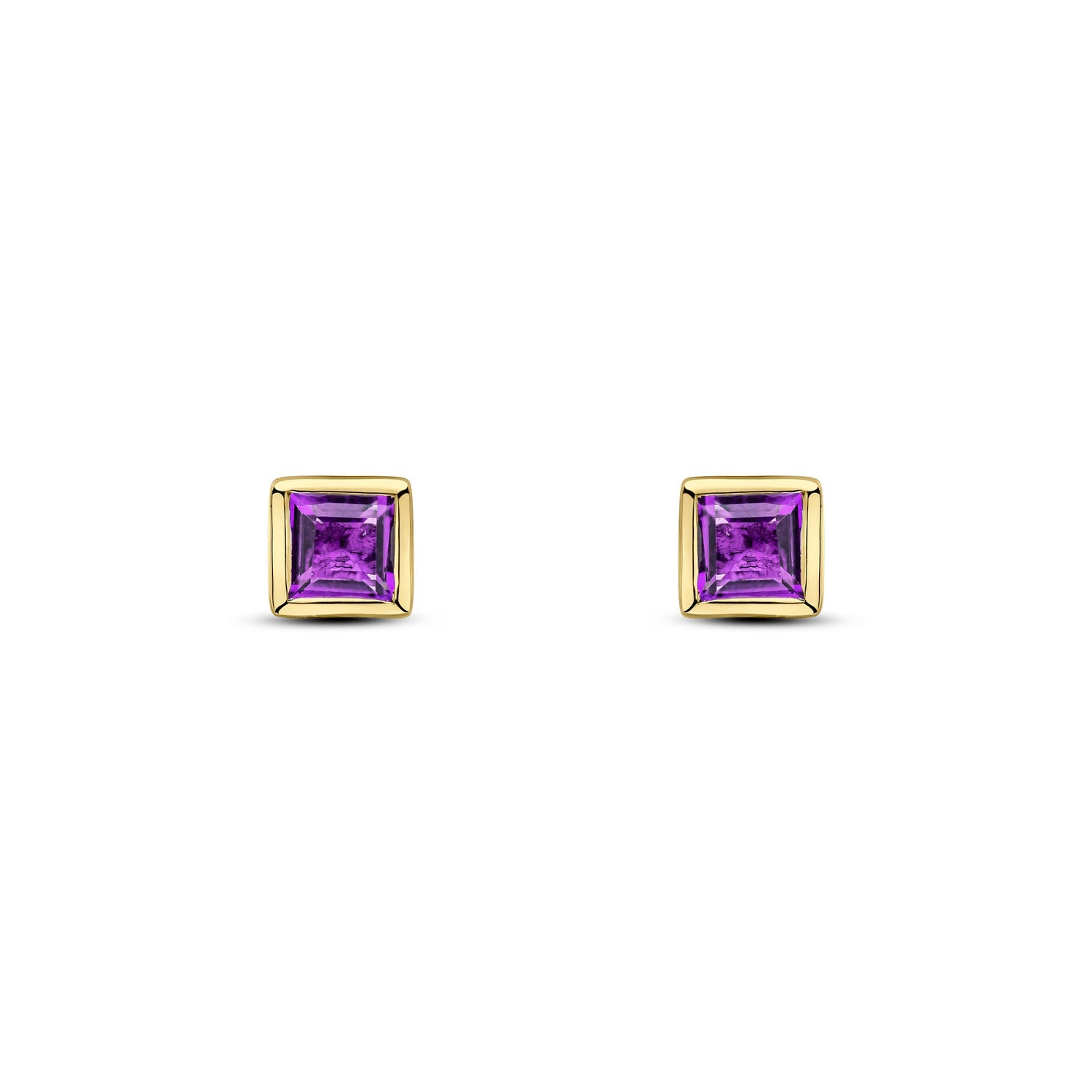 9ct Yellow Gold Square Natural Amethyst Rubover Stud Earrings — 3mm