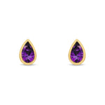 9ct Yellow Gold Pear Shaped Natural Amethyst Rubover Stud Earrings — 5x3mm