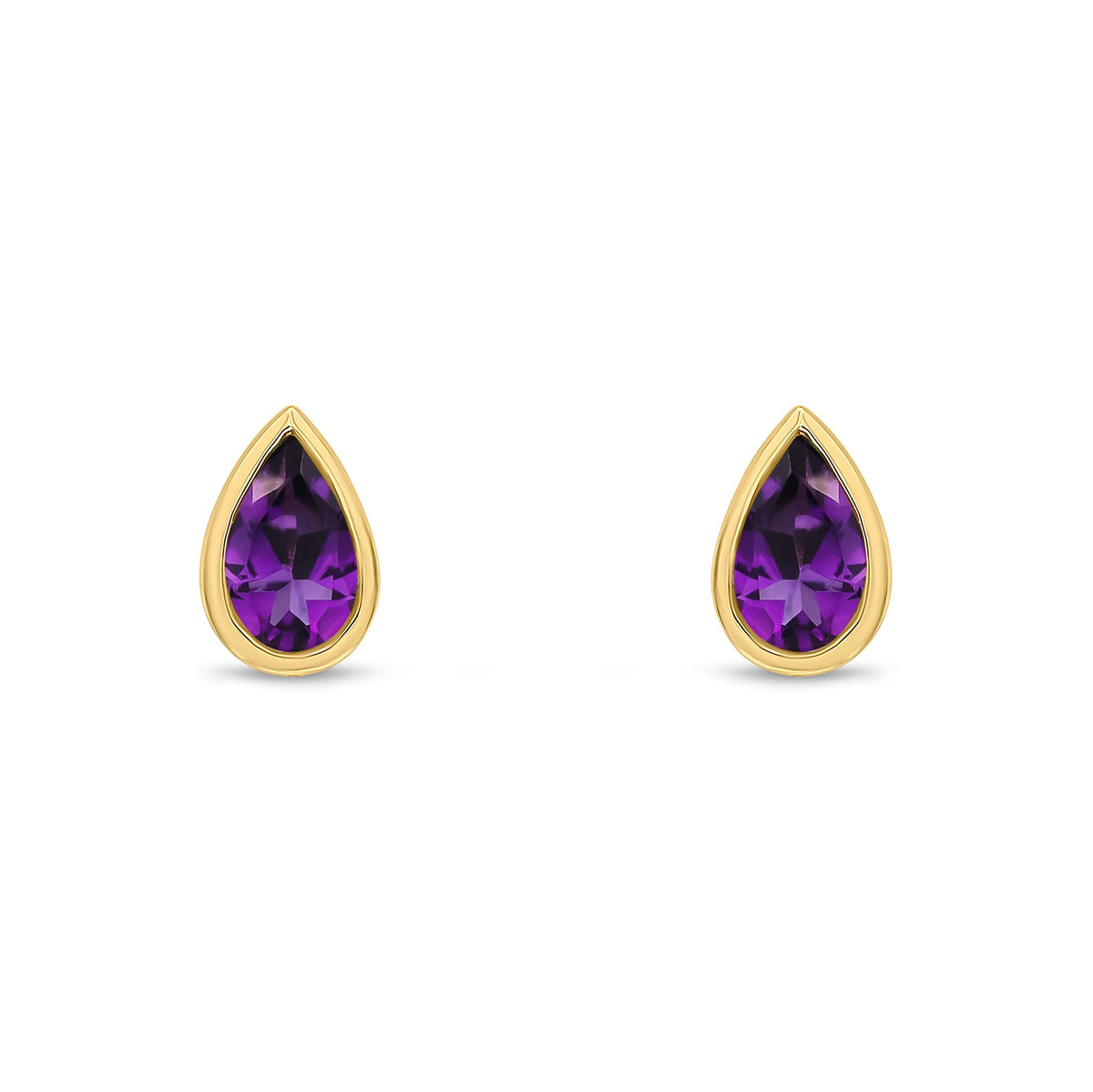 9ct Yellow Gold Pear Shaped Natural Amethyst Rubover Stud Earrings — 5x3mm