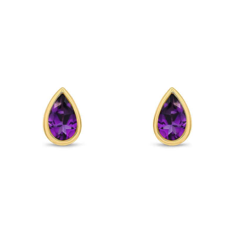 9ct Yellow Gold Pear Shaped Natural Amethyst Rubover Stud Earrings — 5x3mm
