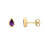9ct Yellow Gold Pear Shaped Natural Amethyst Rubover Stud Earrings — 5x3mm