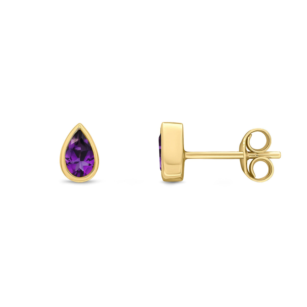 9ct Yellow Gold Pear Shaped Natural Amethyst Rubover Stud Earrings — 5x3mm